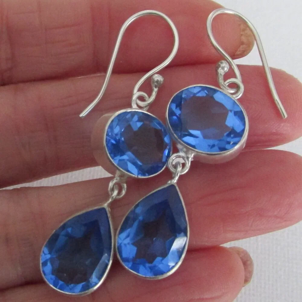 Sterling Silver 925 Blue Tanzanite Double Drop Earrings 4.5cm - Picture 3 of 8